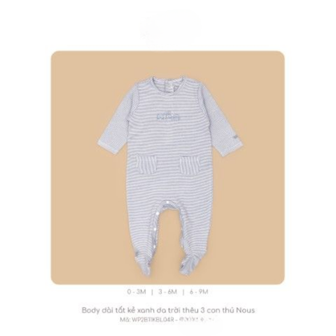  Body dài tất kẻ xanh da trời thêu 3 con thú Nous 0M 