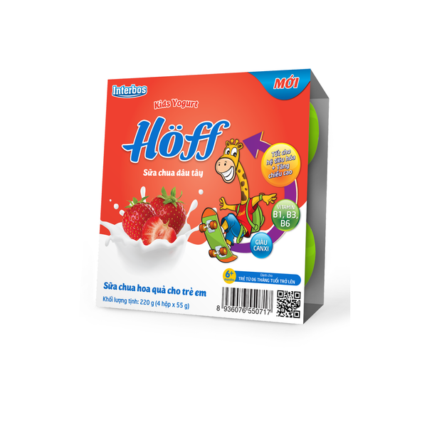  Sữa chua trái cây Hoff vị dâu tây 6M+ (55g x 4 hộp) 