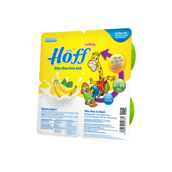  Sữa chua trái cây Hoff vị chuối 6M+ (55g x 4 hộp) 
