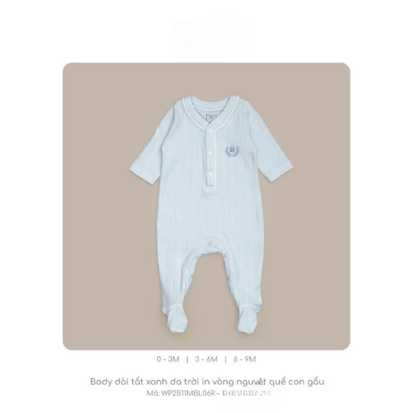  Nous - Body dài tất xanh da trời in vòng nguyệt quế con gấu 6M 