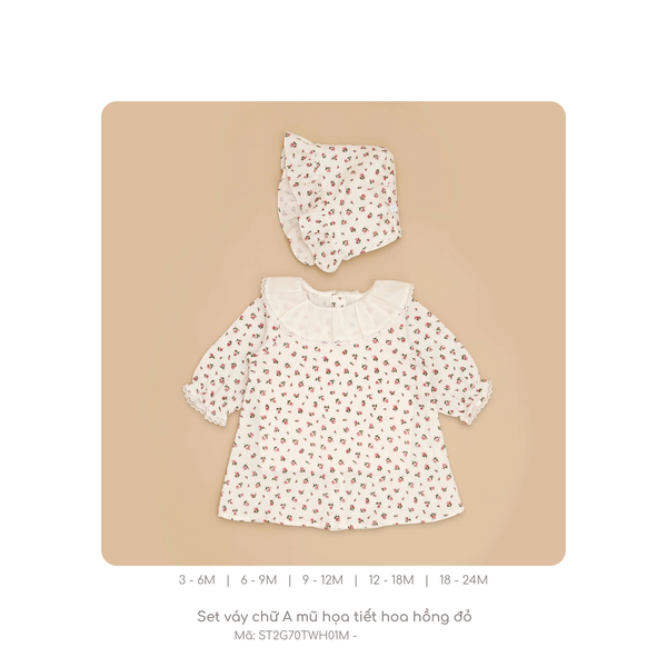  Nous - Set váy chữ A mũ họa tiết hoa hồng đỏ 18M 