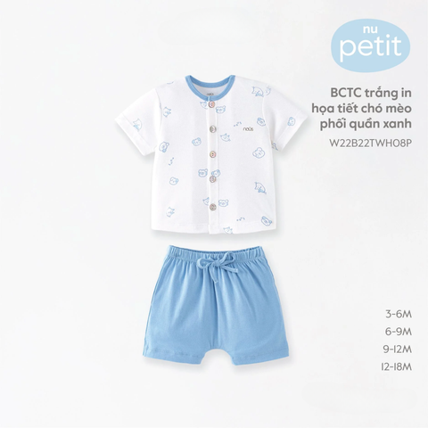  Bộ cài thẳng cộc trắng in họa tiết chó mèo phối xanh 9m 