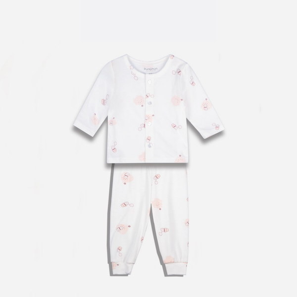  Chaang - Bộ dài cúc giữa Punchun in tràn trắng hồng 6M 