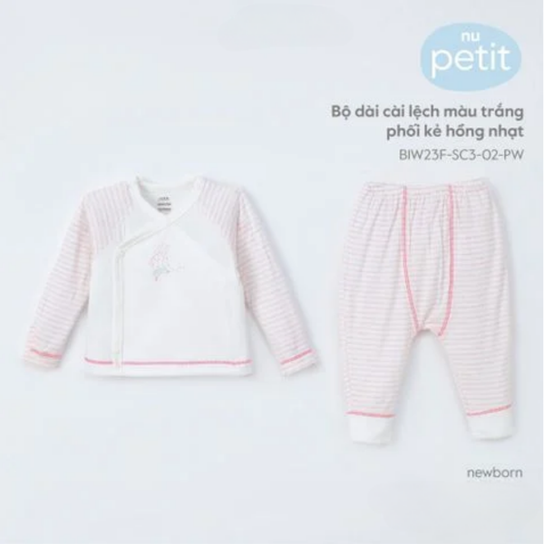  Bộ dài cài lệch màu trắng phối kẻ hồng nhạt NB in thỏ 