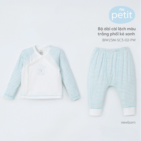  Bộ dài cài lệch màu trắng phối kẻ xanh NB 