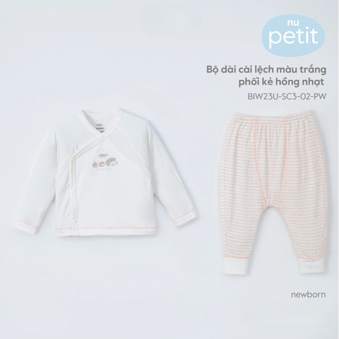  Bộ dài cài lệch màu trắng phối kẻ hồng nhạt NB in nhím 