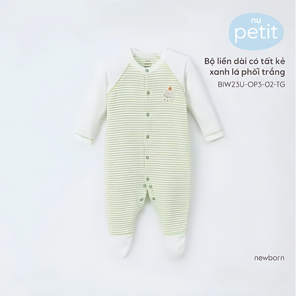  Bộ liền dài có tất kẻ xanh lá phối trắng NB 