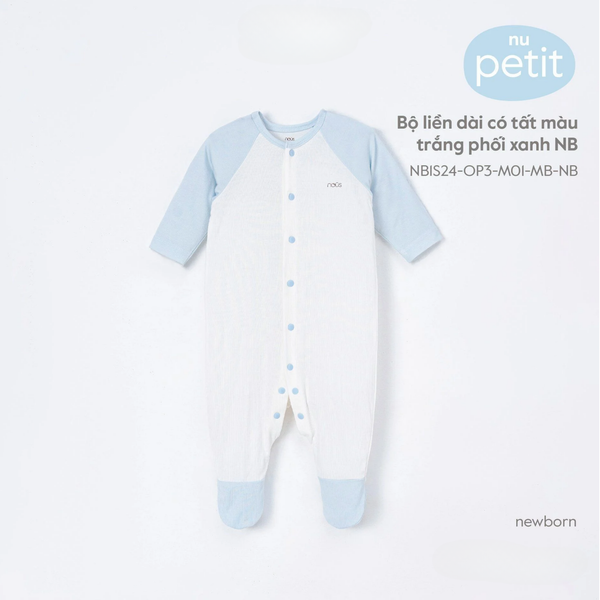  Bộ liền dài có tất màu trắng phối xanh NB 