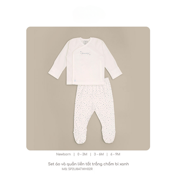  Nous - Set áo và quần liền tất trắng chấm bi xanh NB 