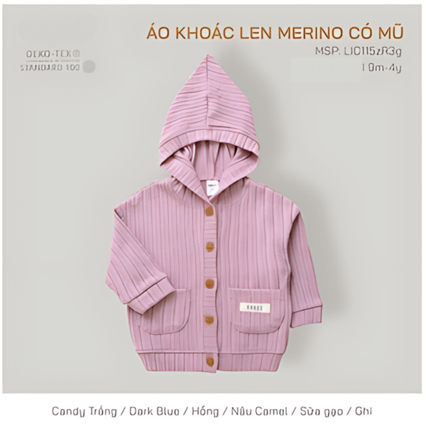  Hrnee - Áo Khoác Len Merino Có Mũ Hồng Candy 