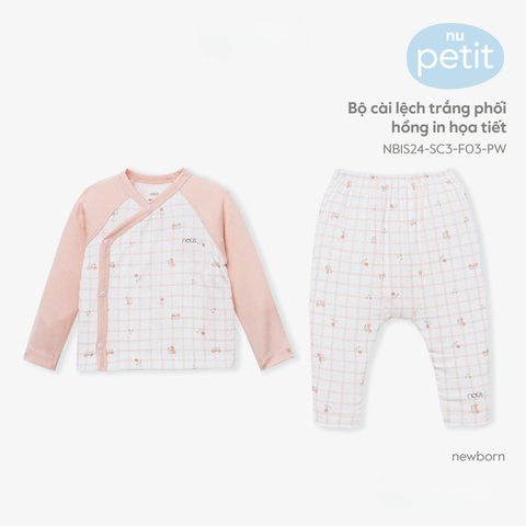  Bộ cài lệch trắng phối hồng in họa tiết 