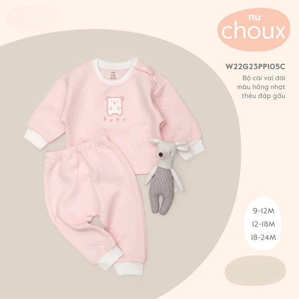  Bộ cài vai dài màu hồng nhạt thêu đáp gấu 18M 