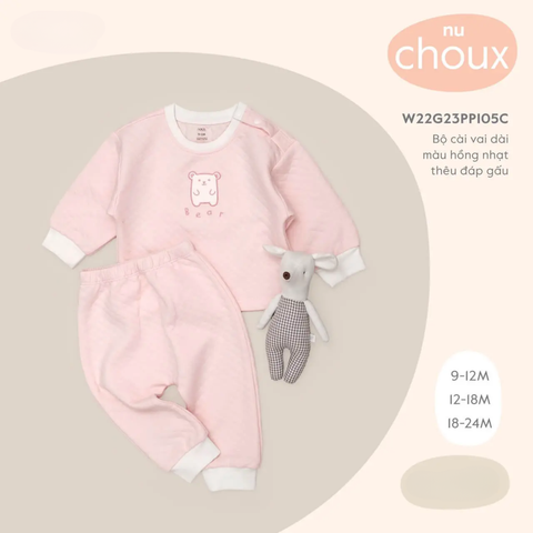  Bộ cài vai dài màu hồng nhạt thêu đáp gấu 18M 