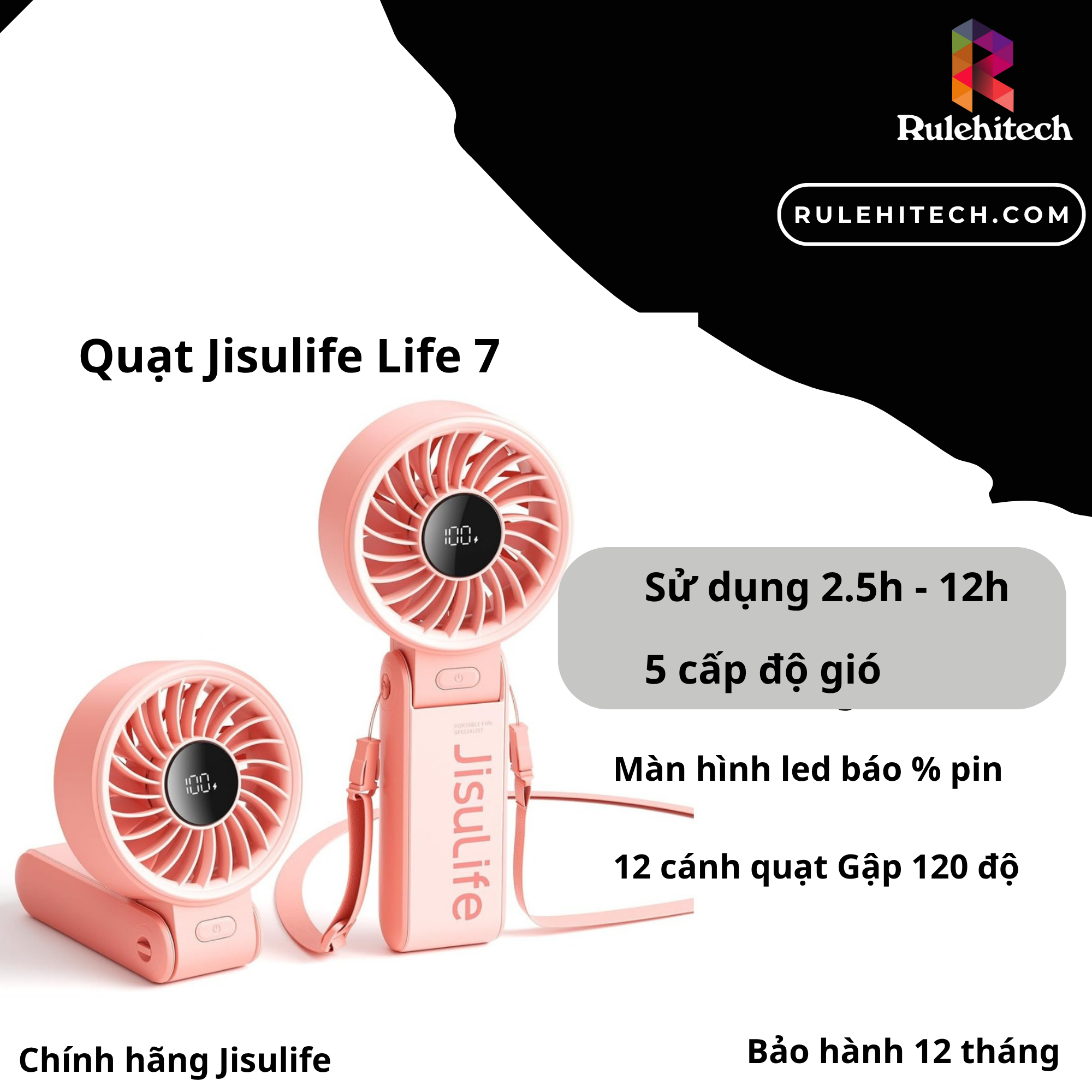  Quạt Cầm Tay Jisulife Life 7 (Hồng)-3600mah 