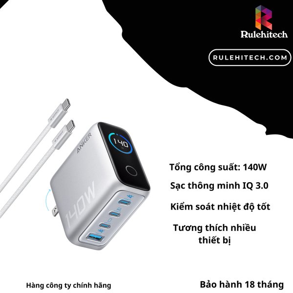  Sạc Anker Zolo 140W 3C 1A (Kèm Cáp C)-Bạc B2697 