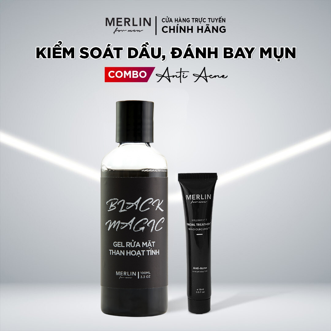  Combo sạch mụn kiểm soát dầu Merlin For Men - Sữa rửa mặt kiểm soát dầu nhờn dạng Gel và Kem chấm mụn Nano Curcumin 