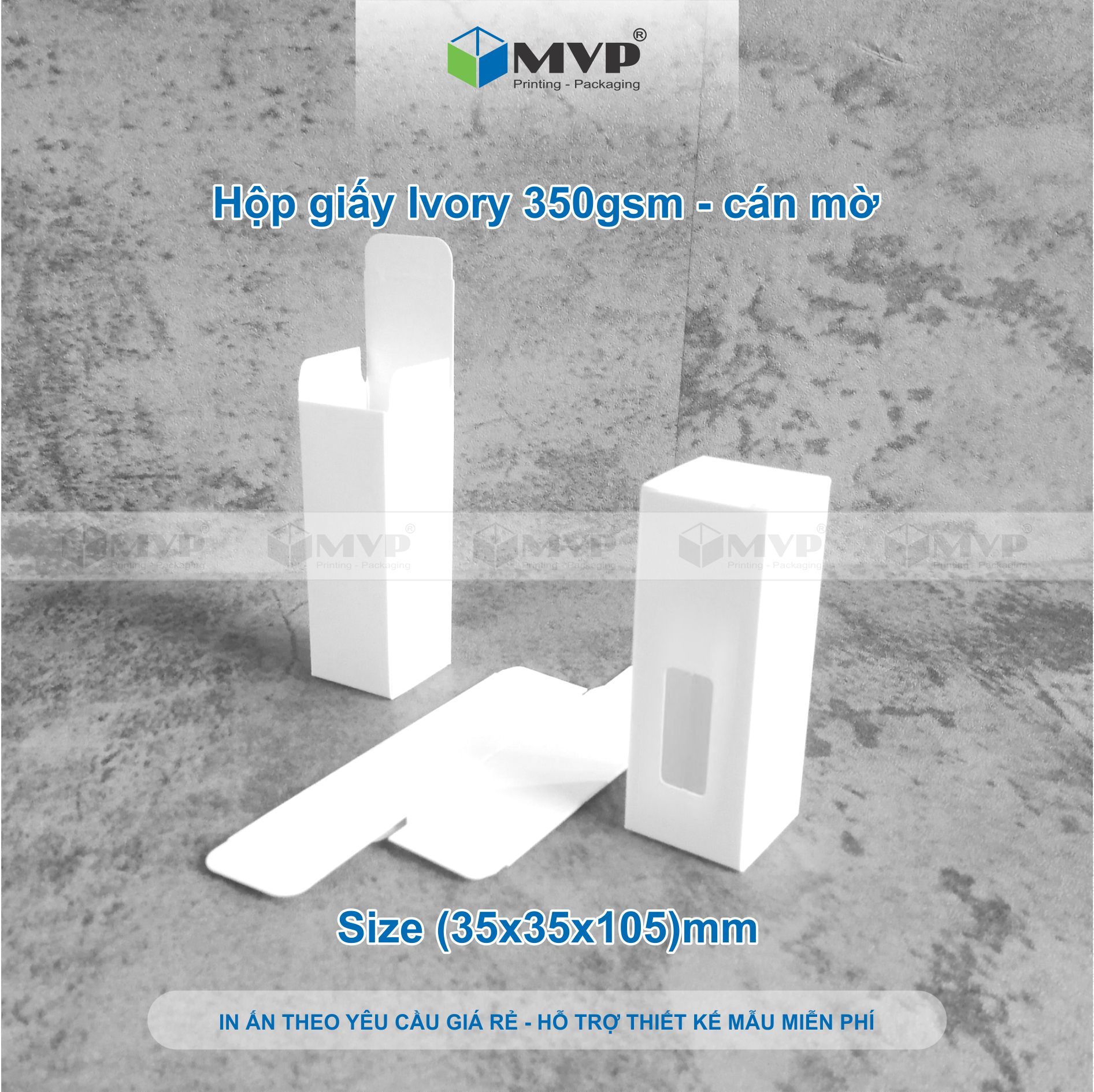 Hộp giấy trắng đựng nước hoa chiết, chai tinh dầu 20ml - 30ml, giấy Ivory 350 cán mờ (3,5x3,5x10,5)cm