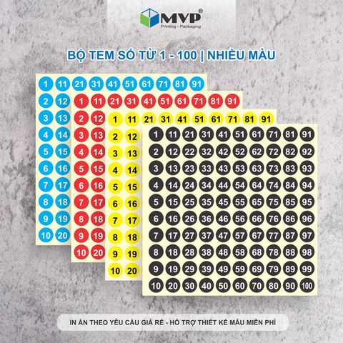  Tem số nhiều màu dán chai sơn từ 1 - 100, bộ tem số thứ tự 1 - 100 nhiều màu 
