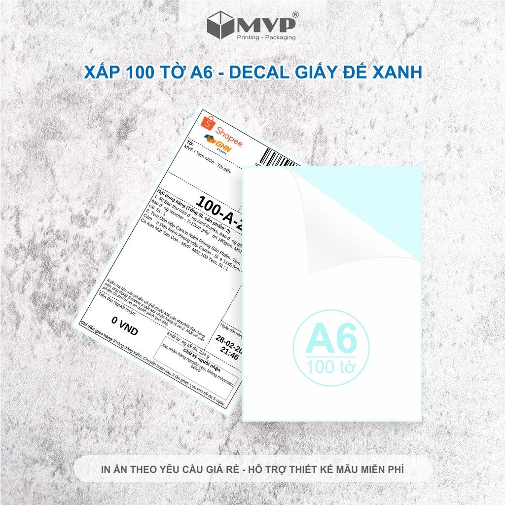 Xấp 100 tờ decal xanh khổ A6 in đơn hàng, in tem, phiếu giao hàng shopee