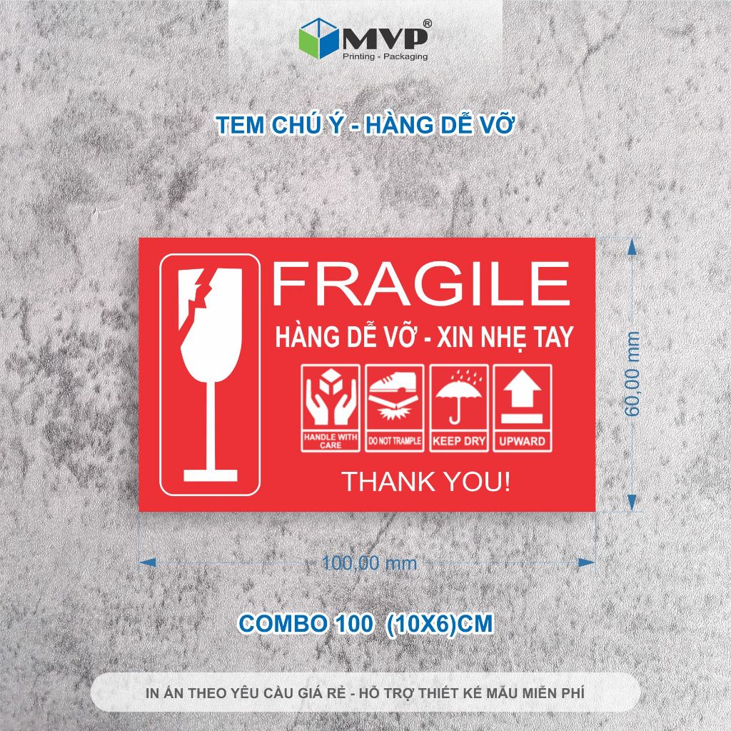 Decal Fragile - Tem dán HÀNG DỄ VỠ - Sticker dán chú ý (10x6)cm