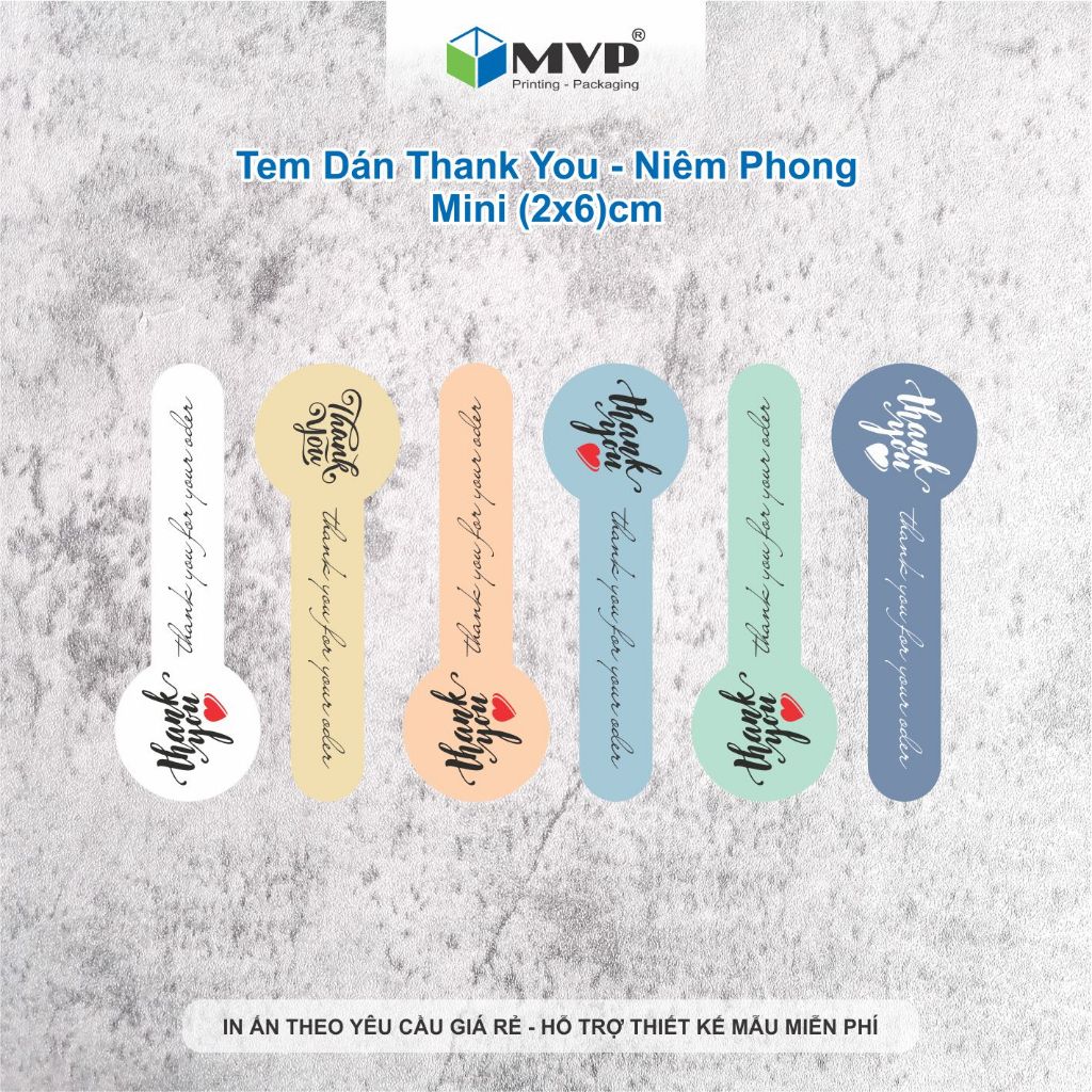 Tem dán thank you dài, tem dán niêm phong chai hộp nhiều màu pastel, Decal giấy cán màng OPP mờ chống nước