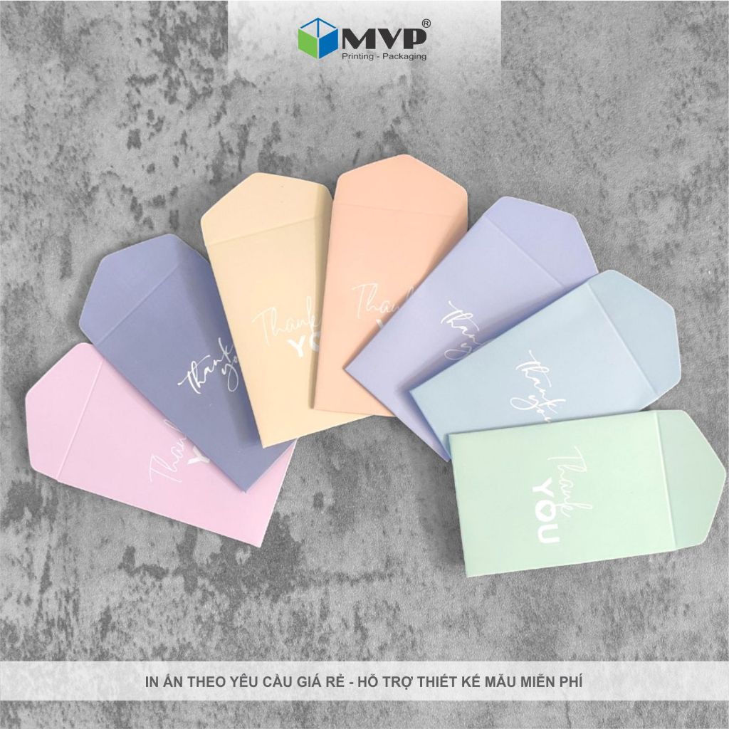 Bao thư mini màu Pastel cho thiệp cảm ơn và voucher, giấy C250 cán màng mờ