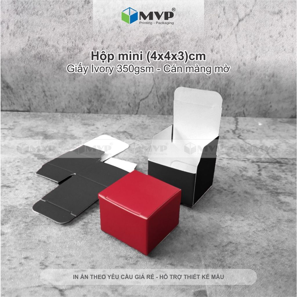 Hộp giấy mini màu đỏ đựng mỹ phẩm, hộp nước hoa chiết - hộp giấy đen ivory 350 cán mờ(4x4x3)cm