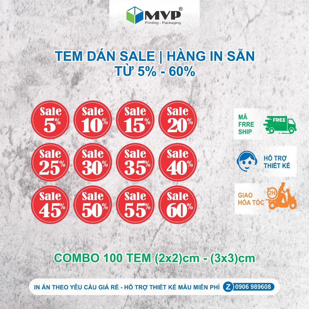 Tem Giảm Giá, tem dán Sale, Tem Khuyến Mãi từ 5% đến 60% - tem tròn 2cm, 3cm [combo 100 tem]