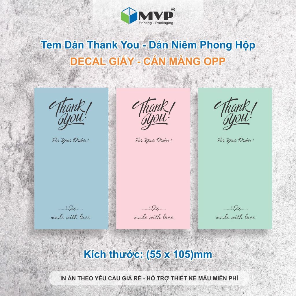 Tem Decal Dán Hộp Carton, Tem Thank You Dán Niêm Phong Hộp MÀU PASTEL, Decal giấy cán màng OPP