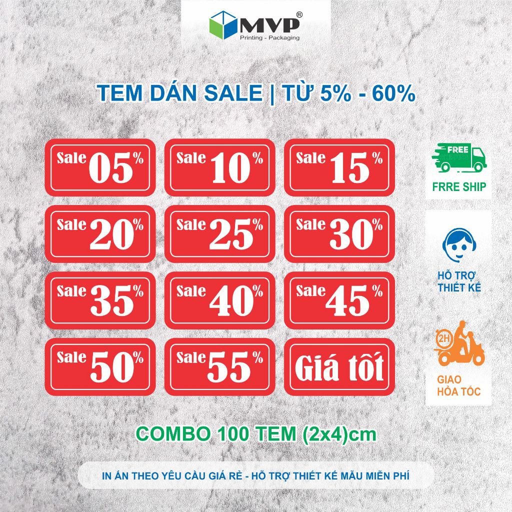Tem dán Sale,Tem Khuyến Mãi, Nhãn dán giảm giá từ 5% đến 60% - KT (2x4)cm