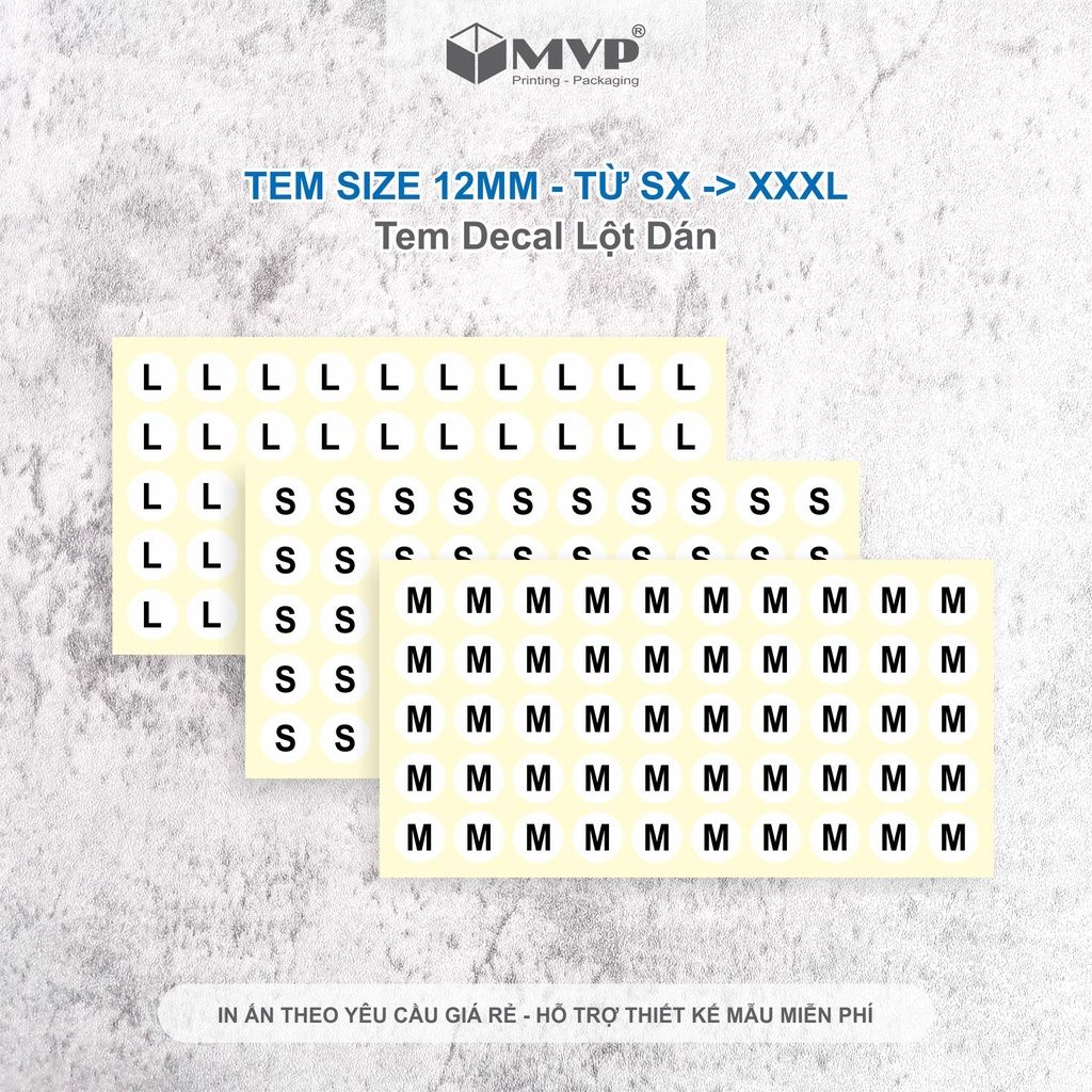 Tem nhãn size quần áo từ XS, S, M, L, XL, XXL, XXXL, nhãn dán decal hình tròn nhiều size