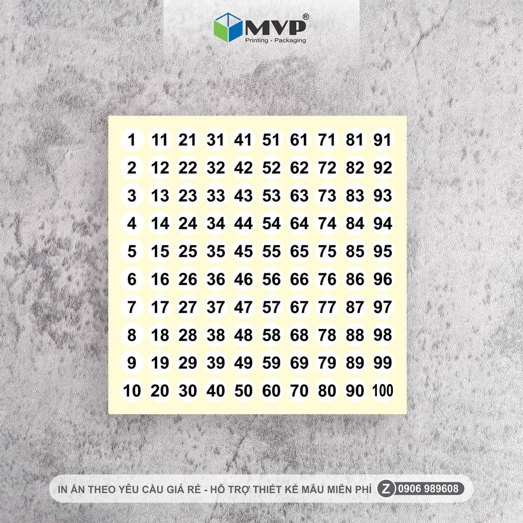 Tem số 1-100, nhãn dán số thứ tự 1-100, nhãn dán decal hình tròn