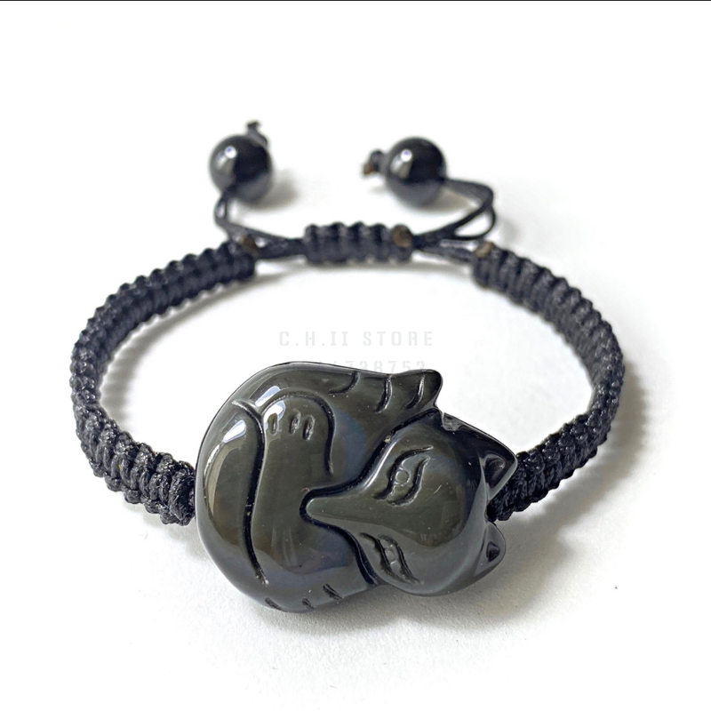  Dây đeo tay hồ ly đá núi lửa Obsidian 