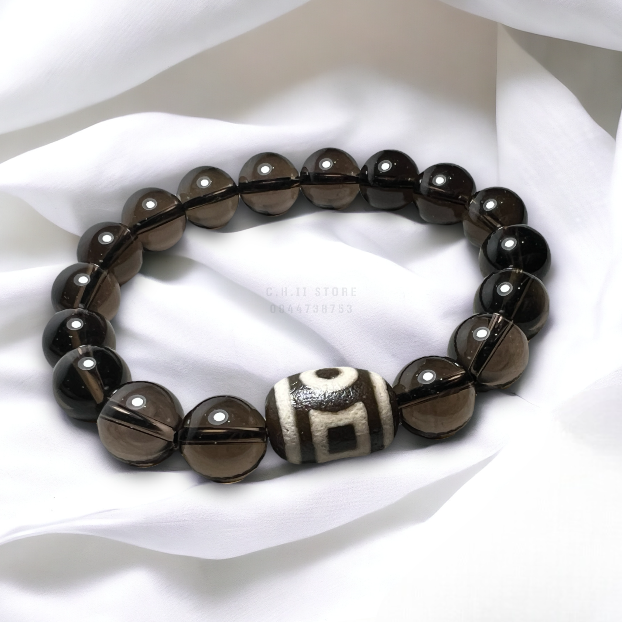  Vòng đá thạch anh khói mix Dzi Thiên Địa 