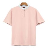  ZIP UP HENLEY DENIM COLLAR SHIRT - PINK PASTEL 