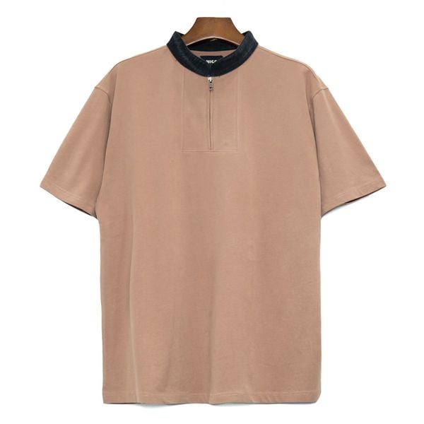  ZIP UP HENLEY DENIM COLLAR SHIRT - BIEGE 