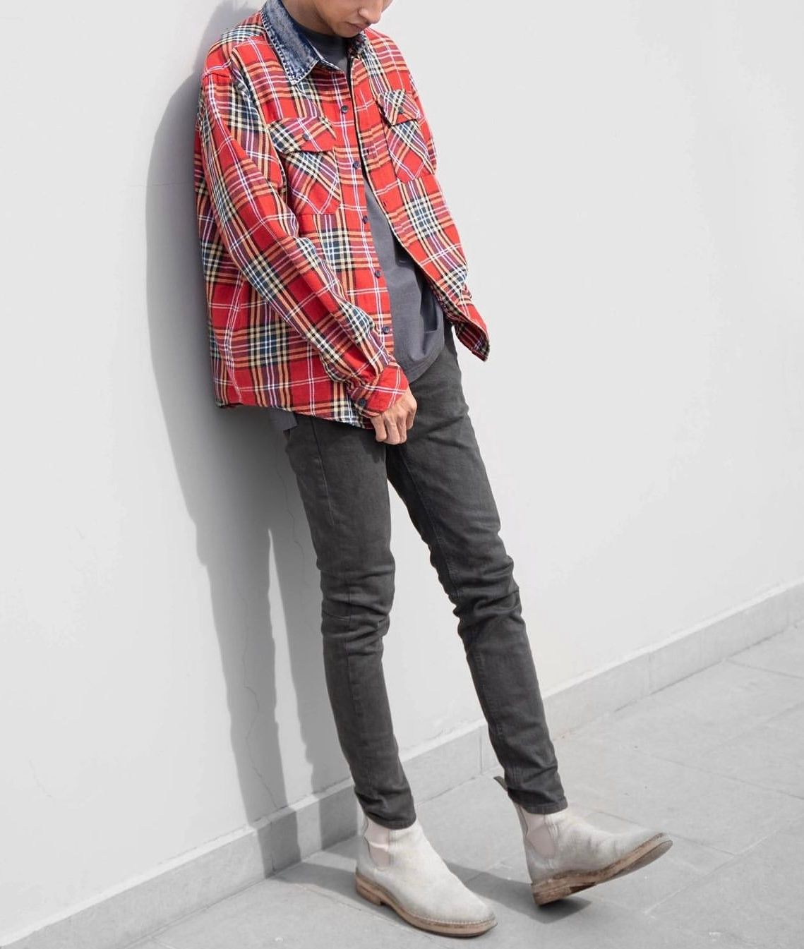  DENIM COLLAR FLANNEL - CARDINAL 