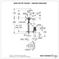 Vòi lavabo nóng lạnh GROHE 32814001 size S
