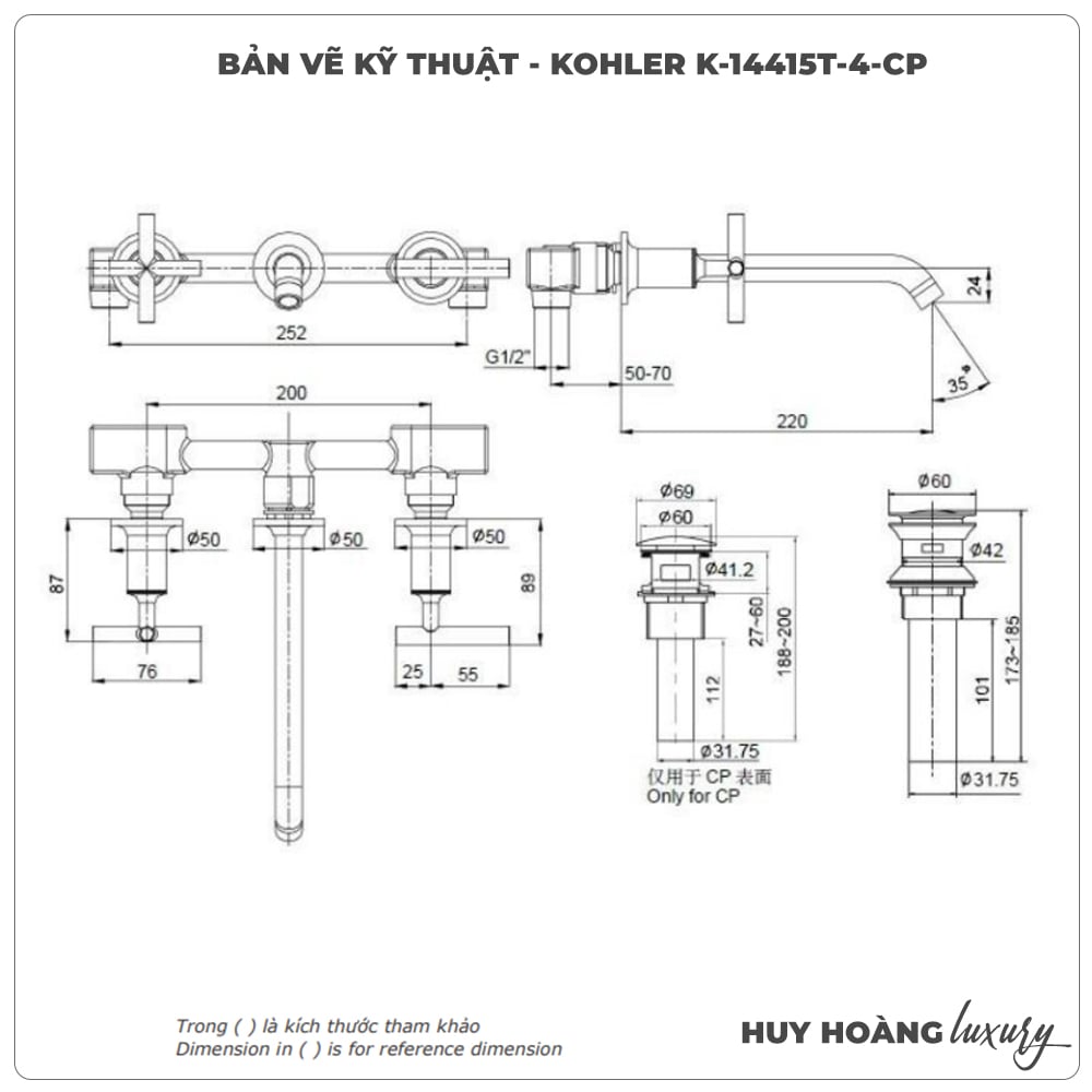 Vòi lavabo gắn tường KOHLER Purist K-14415T-4-CP | CHÍNH HÃNG 100%