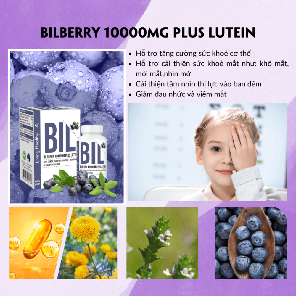 Viên uống bổ mắt Living Healthy Bilberry 10000mg Plus Lutein (Hộp 60 viên)