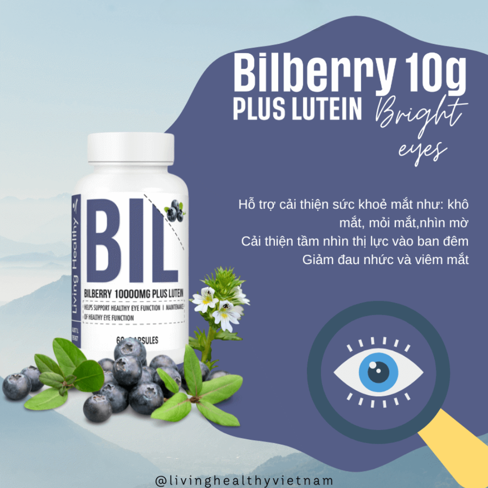 Viên uống tăng cường thị lực Living Healthy Bilberry 10000mg Plus Lutein (Hộp 60 viên)