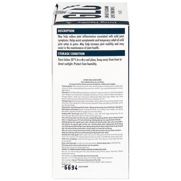 Viên uống tăng sụn khớp Living Healthy Glucosamine Sulphate 1500mg Complex (Hộp 60 viên)