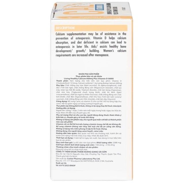 Viên uống bổ sung canxi Living Healthy Calcium (Hộp 60 viên)
