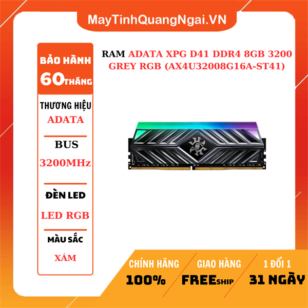RAM ADATA XPG D41 DDR4 8GB 3200 GREY RGB (AX4U32008G16A-ST41)