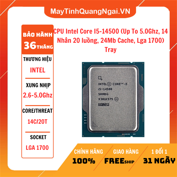 CPU Intel Core I5-14500 (Up To 5.0Ghz, 14 Nhân 20 luồng, 24Mb Cache, Lga 1700) Tray