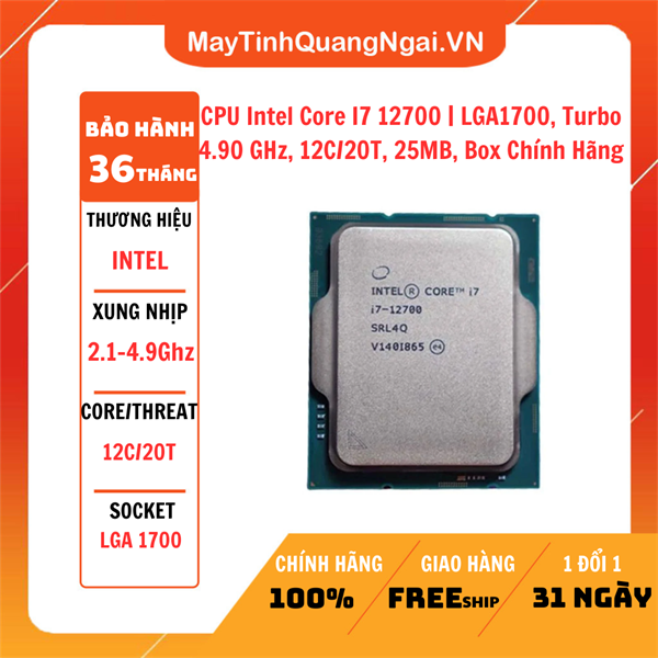 CPU Intel Core I7 12700 | LGA1700, Turbo 4.90 GHz, 12C/20T, 25MB, Box Chính Hãng