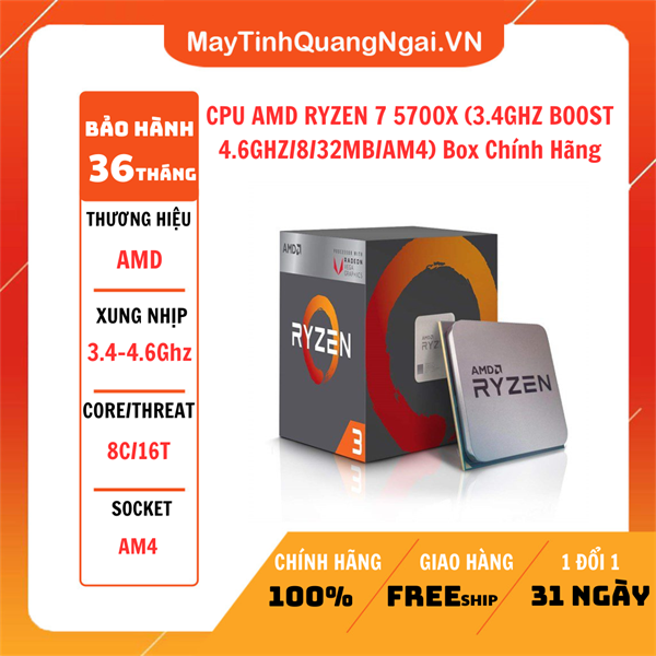 CPU AMD RYZEN 7 5700X (3.4GHZ BOOST 4.6GHZ/8/32MB/AM4) Box Chính Hãng