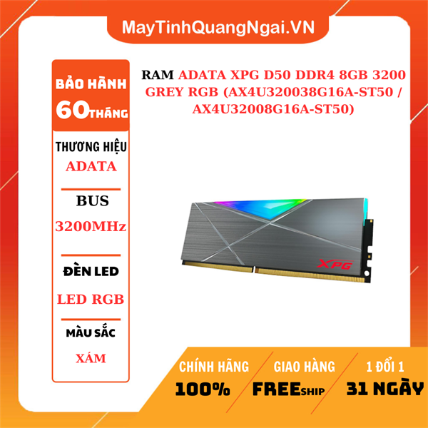RAM ADATA XPG D50 DDR4 8GB 3200 GREY RGB (AX4U320038G16A-ST50 / AX4U32008G16A-ST50)