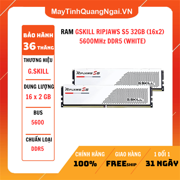 RAM GSKILL RIPJAWS S5 32GB (16x2) 5600MHz DDR5 (WHITE)