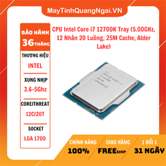 CPU Intel Core i7 12700K Tray (5.00GHz, 12 Nhân 20 Luồng, 25M Cache, Alder Lake)